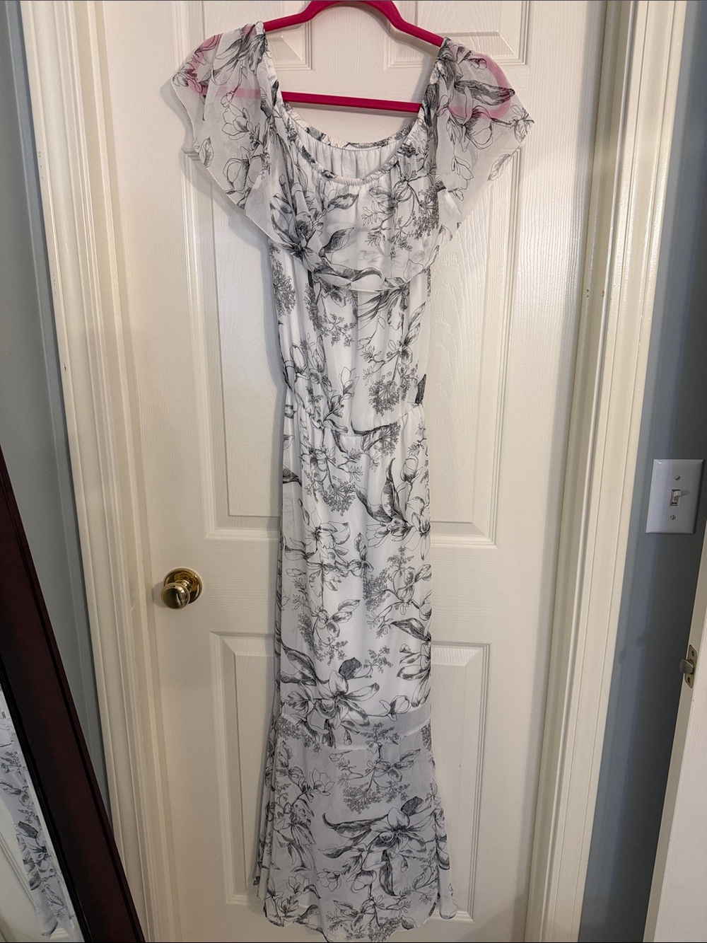White House Black Market White Maxi Dress with Black Floral Print